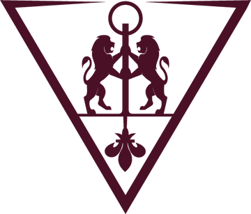 Triangular logo with two lions and a fleur-de-lis in the center on a white background