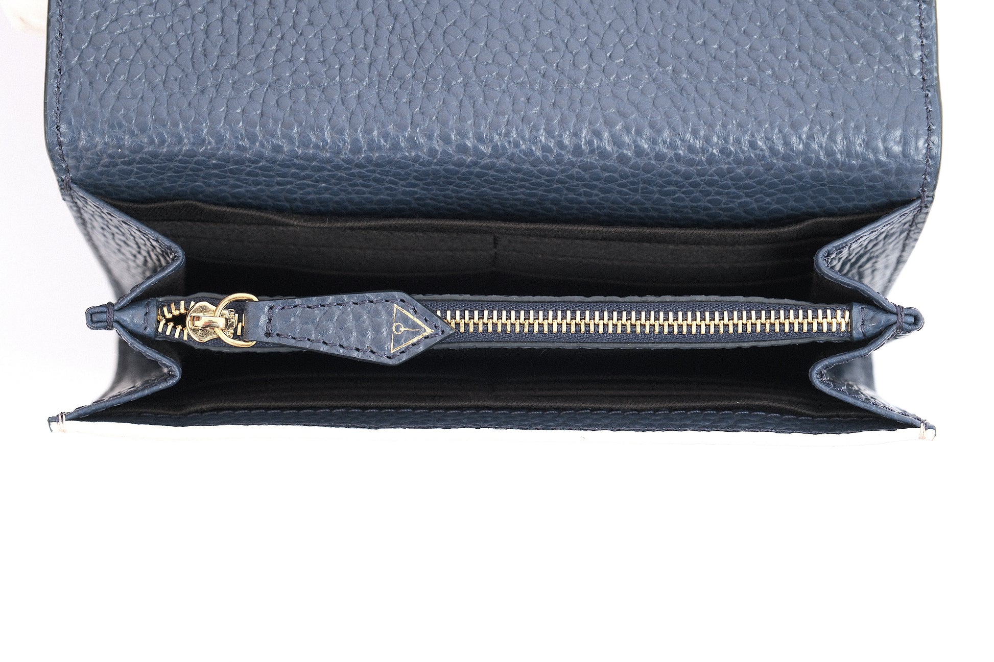 ARAS IDAAS, Delta Fold Babe Wallet, Interior, Nettuno blue & beige sand, premium Italian vegetable-tanned leather.