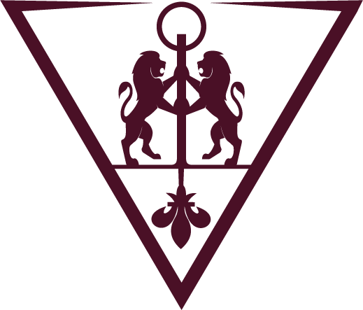 Triangular logo with two lions and a fleur-de-lis in the center on a white background