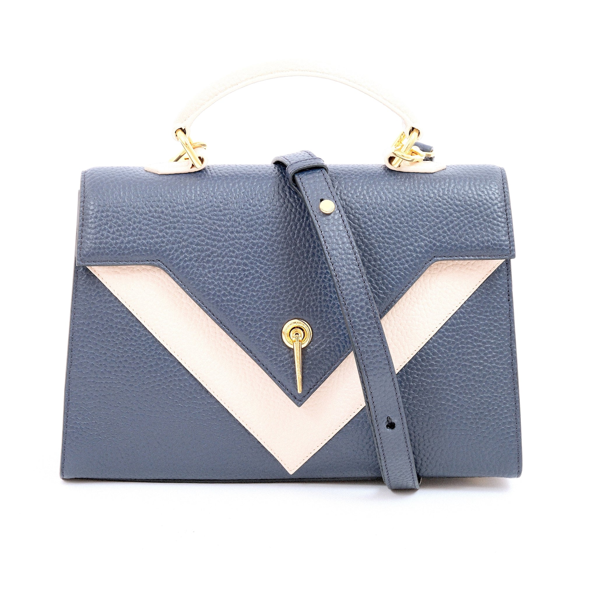 ARAS IDAAS, Delta Fold Queen handbag, Nettuno Blue & Beige Sand, premium Italian vegetable-tanned leather.